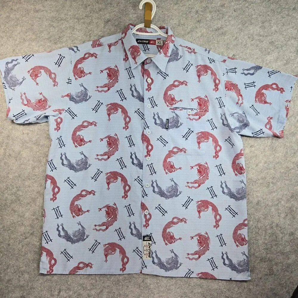 Vintage ENTRIG Dragons Asian Short Sleeve Button Front Casual Shirt Men's XL Y2K